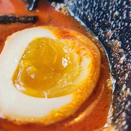 Perfect egg in the Spicy Tonkotsu Ramen. Perfect egg in the Spicy Tonkotsu Ramen.