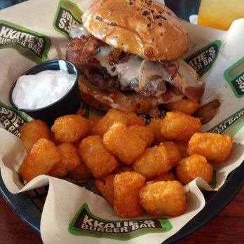 Kkatie's Burger Bar - Peppercorn Horseradish Bacon Cheeseburger w/ caramelized onions & bourbon BBQ sauce.  Buffalo tater tots on the side. Amazing. - Burgers Near Me - Marshfield, Massachusetts