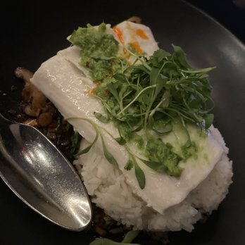Spago - Steamed Wild Alaskan Halibut, Snap Peas, Lotus Root, Chile-Soy Glaze, Jasmine Rice - New American Near Me - Las Vegas, Nevada