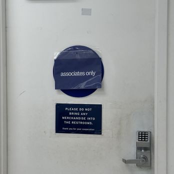 Marshalls - A plain white door features two signs: one says 'associates only,' and another requests no merchandise in restrooms. A keypad lock is installed on the door. - Department Stores Near Me - Campbell, California