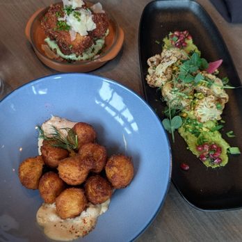 The Raven Room - Starters - eggplant top left, cauliflower right, potato croquette at the bottom left. - Cocktail Bars Near Me - Whistler, British Columbia