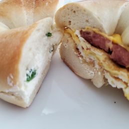 Scallion on the left, sausage, egg and cheese on the right Scallion on the left, sausage, egg and cheese on the right