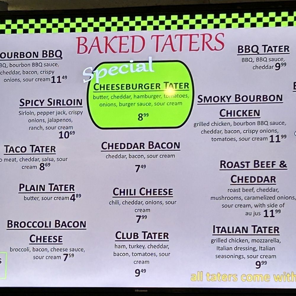 Prater's Taters - Tater menu - New American Near Me - Huntingdon, Tennessee Prater's Taters - Tater menu - New American Near Me - Huntingdon, Tennessee