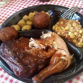 High Cotton BBQ - Smoked chicken & ribs (not a combo, just sharing from other plates) with fried okra and brunswick stew. - Barbeque Near Me - Kitty Hawk, North Carolina