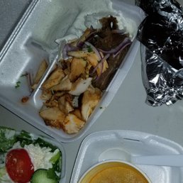 Combo Plate (chicken/gyro meat, house salad, rice pilaf, lemon chicken soup, tzatziki and pita bread)