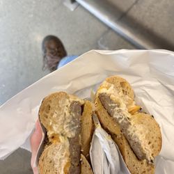 Gotham Bagels - South Loop - Sausage, egg, and cheese bagel on everything bagel with French onion cream cheese added