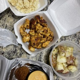 side rice, lemon potatoes, chicken gyro, falafel, hummus