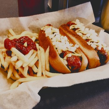 Thunder Road Grill - Two all beef hot dogs, onions, mustards, pickle, and fries with that - Burgers Near Me - Winston Salem, North Carolina