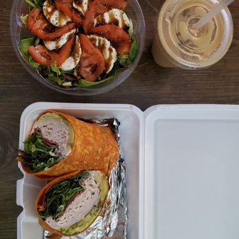 Nearme Cafe - Caprese Salad Turkey Avocado Wrap Cold Latte - Juice Bars & Smoothies Near Me - Moosic, Pennsylvania