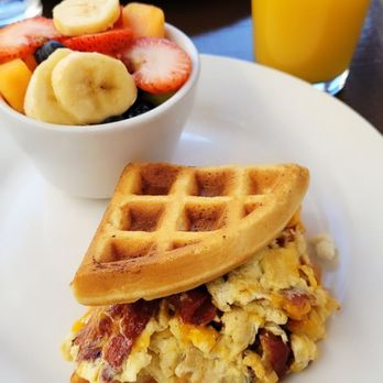 The Brownstone Cafe - Pesto egg something... And waffle sandwich - New American Near Me - Fullerton, California