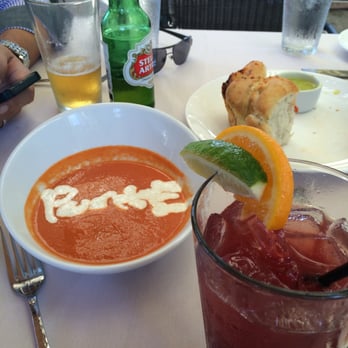 The Restaurant at Ponte - Soup of the day: cold tomato Skype w/ "Ponte" written on top with greek yogurt. Red Sanguria for me and Stella for him. - New American Near Me - Temecula, California The Restaurant at Ponte - Soup of the day: cold tomato Skype w/ "Ponte" written on top with greek yogurt. Red Sanguria for me and Stella for him. - New American Near Me - Temecula, California