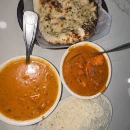 Butter Chicken, Chicken Tikka Masala, Garlic naan. Butter Chicken, Chicken Tikka Masala, Garlic naan.