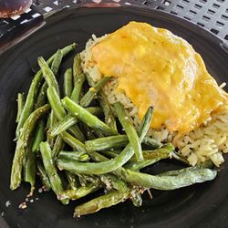 Eight Top Grill - Garlic Butter Salmon wirh rice and fresh, roasted green beans. Yum!