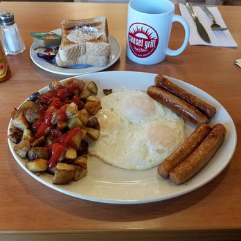 Sunset Grill - Three eggs with sausage, hashbrowns and toast. - Breakfast & Brunch Near Me - Orillia, Ontario