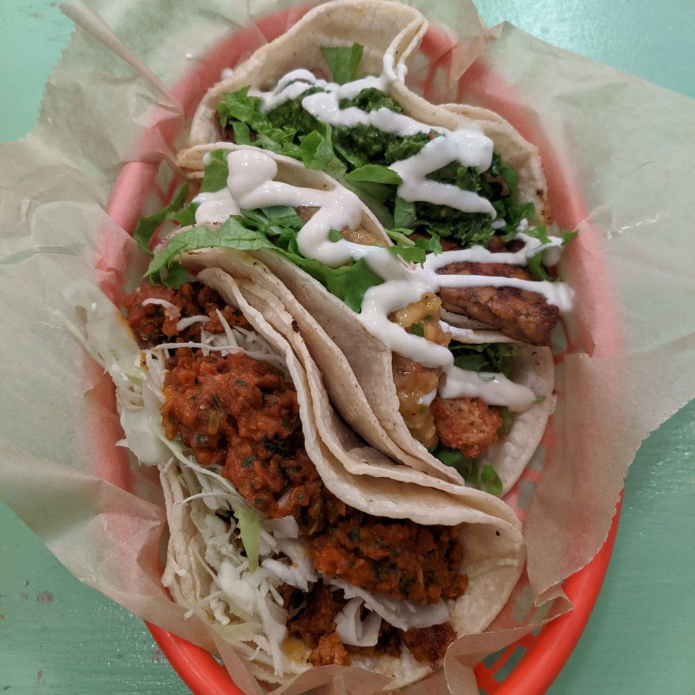 Chorizo taco, tempeh taco, crispy tofu taco Chorizo taco, tempeh taco, crispy tofu taco