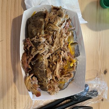 Flaming Pig BBQ - Baked potato with pork. - Food Trucks Near Me - Tumwater, Washington Flaming Pig BBQ - Baked potato with pork. - Food Trucks Near Me - Tumwater, Washington