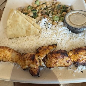 Luna Grill The Hill - Chicken Kabob with Side Chickpea Salad - Mediterranean Near Me - Dallas, Texas Luna Grill The Hill - Chicken Kabob with Side Chickpea Salad - Mediterranean Near Me - Dallas, Texas