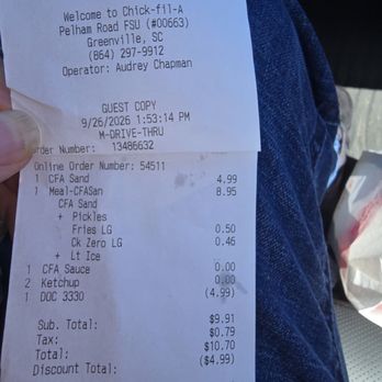 Chick-fil-A - This was the order slip - Fast Food Near Me - Greenville, South Carolina Chick-fil-A - This was the order slip - Fast Food Near Me - Greenville, South Carolina