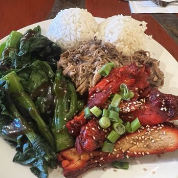 Ono Kine Grindz - Char siu chicken, kalua pork combo with gai lan. - Hawaiian Near Me - Wauwatosa, Wisconsin