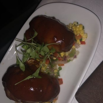 Louie's Backyard - Bourbon BBQ bacon wrapped Crab stuffed shrimp with corn salsa - New American Near Me - Key West, Florida