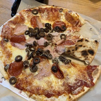 MOD Pizza - Pepperoni, ham and black olives. Could have spread them out a little better but it was very good. - Pizza Near Me - Madison, Alabama MOD Pizza - Pepperoni, ham and black olives. Could have spread them out a little better but it was very good. - Pizza Near Me - Madison, Alabama