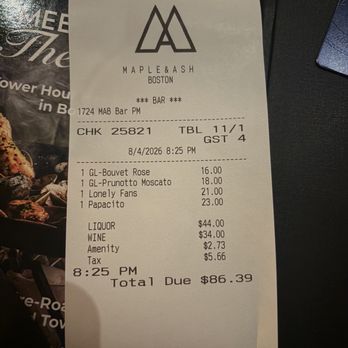 Maple & Ash - Receipt showing charge for "amenity" fee - Seafood Near Me - Boston, Massachusetts Maple & Ash - Receipt showing charge for "amenity" fee - Seafood Near Me - Boston, Massachusetts