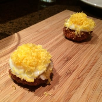 Localis - Deep fried squash on the bottom with a quail egg on the top, covered compound butter & miso, and topped off with duck egg shavings. - New American Near Me - Sacramento, California Localis - Deep fried squash on the bottom with a quail egg on the top, covered compound butter & miso, and topped off with duck egg shavings. - New American Near Me - Sacramento, California