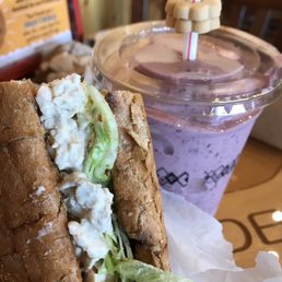 Chicken salad on multigrain with a mixed berry smoothy Chicken salad on multigrain with a mixed berry smoothy
