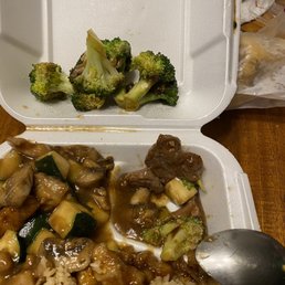 mushroom chicken and beef w/ broccoli.
