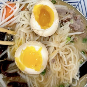 Fujiyame Ramen - Perfect egg in the Spicy Tonkotsu rice noodle (gluten free) - Ramen Near Me - San Diego, California Fujiyame Ramen - Perfect egg in the Spicy Tonkotsu rice noodle (gluten free) - Ramen Near Me - San Diego, California