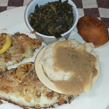 Elisha's Food for the Soul - Grilled fish, mashed potatoes and greens with hot water cornbread - Soul Food Near Me - Marshall, Texas