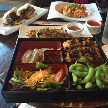 Sushi Rock - Bento box, chicken skewered, pork belly steamed buns, and volcano roll - Sushi Bars Near Me - Arlington, Virginia