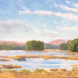 Adirondack Paintings: Sandra Hildreth - Madawaska Pond, oil, 12x48, plein air, $2500