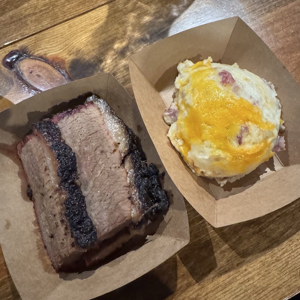 Brisket and Cheesy Garlic Mashed Potatoes