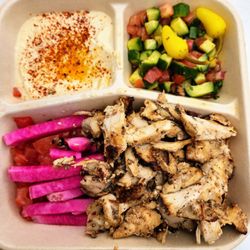 Chicken Tarna Plate (with hummus, cucumber salad, diced tomatoes and turnips)