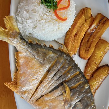 Mishqui Peruvian Bistro - Pescado Frito: deep fried Pompano fish served whole. Served with sweet plantains, white rice and salad!! - Peruvian Near Me - Madison, Wisconsin