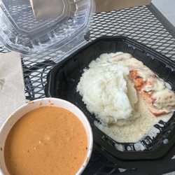 Pavilion Restaurant-Northbrook - Cup Tomato Bisque, Grilled Atlantic Salmon, Mashed Potatoes