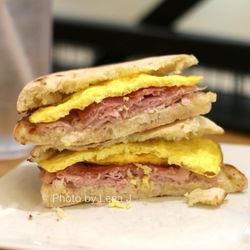 Settebello - Inside of The Parma Breakfast Sandwich ($7.99) - house-made bread, egg, Italian ham, mascarpone