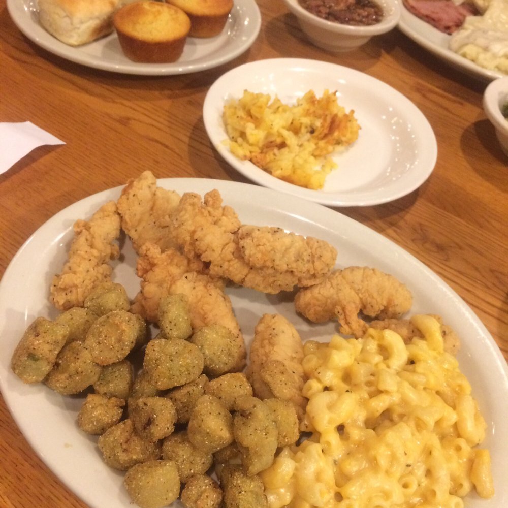 Cracker Barrel Old Country Store - Chicken tenders with fried okra, mac and cheese, and hash brown casserole - American Near Me - Owasso, Oklahoma Cracker Barrel Old Country Store - Chicken tenders with fried okra, mac and cheese, and hash brown casserole - American Near Me - Owasso, Oklahoma
