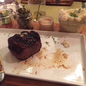 Bistro Joe's - Filet with zip sauce. Sides served in small jars. - New American Near Me - Birmingham, Michigan