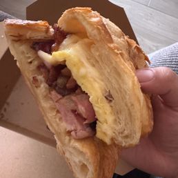 B5 , Bacon egg , cheese and sausage croissant.