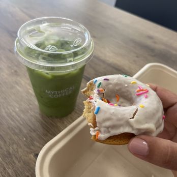 Mythical Coffee - Watermelon matcha with almond milk & gluten free sprinkled donut - Coffee Roasteries Near Me - Gilbert, Arizona