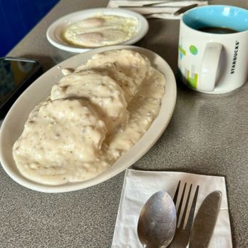 Blue Moose Cafe - Full order of biscuits and sausage gravy and two eggs. - American Near Me - Port Townsend, Washington