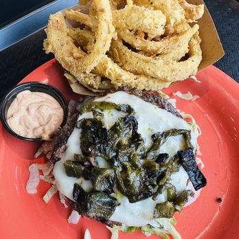 EZ's Brick Oven - Poblano Burger without bun and Onion Rings 7/2026 - Burgers Near Me - San Antonio, Texas EZ's Brick Oven - Poblano Burger without bun and Onion Rings 7/2026 - Burgers Near Me - San Antonio, Texas