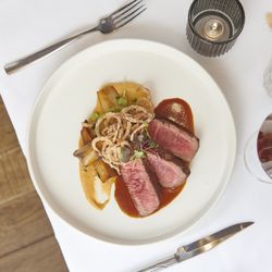 Nerai - 8oz filet mignon with feta mashed potatoes, sauteed mushrooms, mavrodaphne jus, crispy shallots