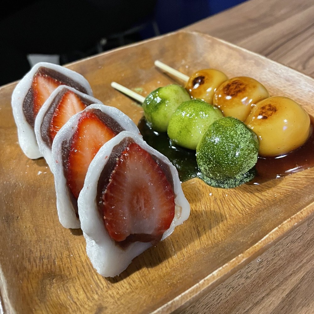 Strawberry daifuku, matcha dango, mitarashi dango