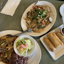 Spicy Beef Stirfry Lunch Special (front), Basil Noodle (back), Spring Rolls