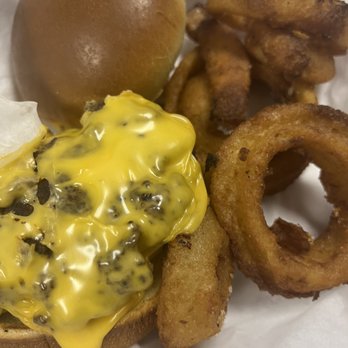 CJ's Pub - Plain cheeseburger and onion rings - Pubs Near Me - South Bend, Indiana