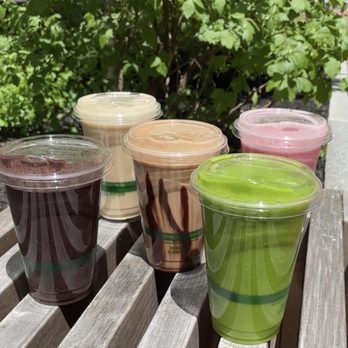 Bom Dia Cafe - (From left to right) 47 India, Peanut Butter Vibes, Secret Menu Smoothie, Parking Lot, Strawberry Alarm - Acai Bowls Near Me - Portland, Maine