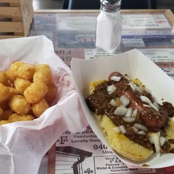 Dairy Mart - Chili dog and small tots with a large Dr. Pepper. $10.62 - Burgers Near Me - Mineral Wells, Texas Dairy Mart - Chili dog and small tots with a large Dr. Pepper. $10.62 - Burgers Near Me - Mineral Wells, Texas